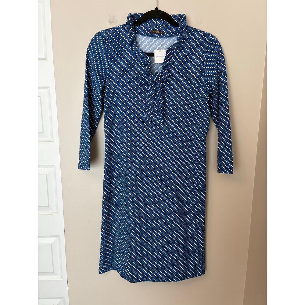 J. McLaughlin Catalina Jaclyn 3/4 Sleeve V-Neck Dress Ruffle Neck Tie Blue XS